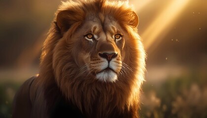 Obraz premium Lion portrait with golden sun rays shining in background.