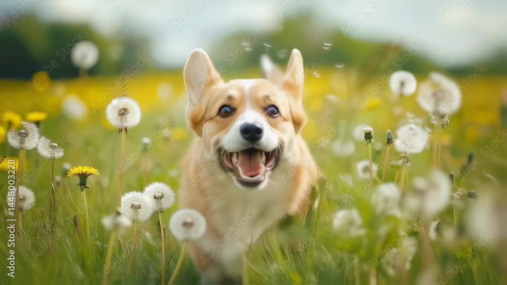Poster Cheerful corgi running through grassy field with yellow flowers and white dandelions. Dog moving forward with open mouth, surrounded by blossoming meadow. Shallow depth of field, soft background.