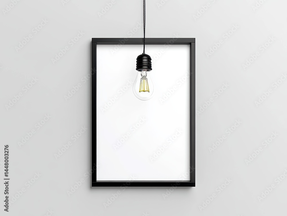 Poster minimalist design featuring a black frame with a hanging lightbulb on a white wall modern mockup