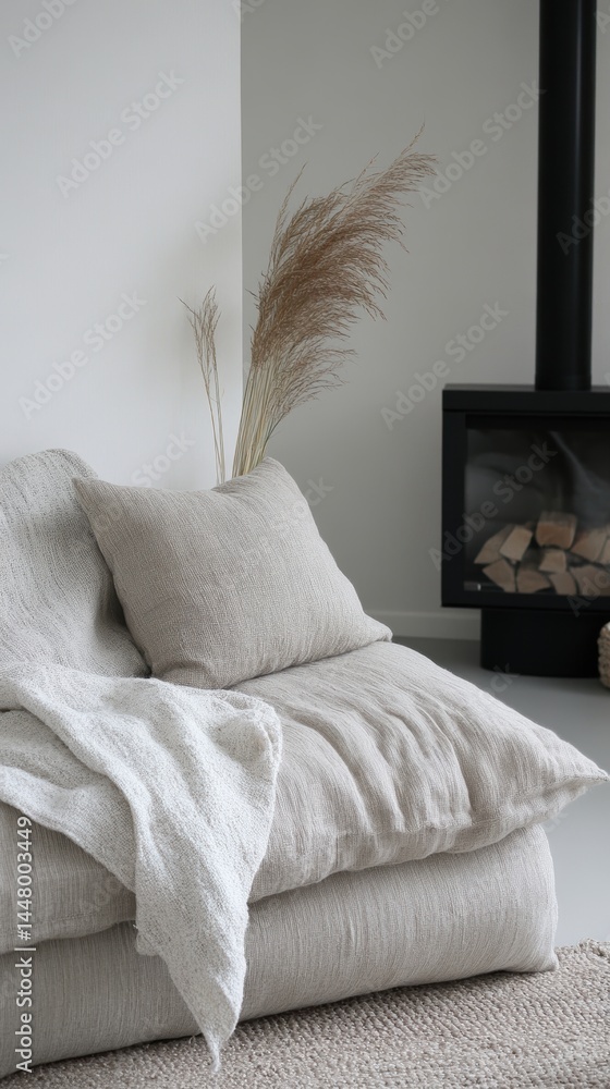 Poster serene interior scene featuring a cozy linen sofa adorned with a soft blanket and pillow near a fire