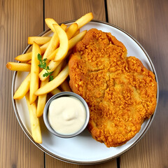 Golden-brown breaded wiener schnitzel served with crispy potato fries and a side of rich, creamy sauce on a rustic wooden background.