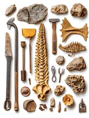 A meticulously arranged collection of paleontological tools, fossils, and specimens showcases the meticulous work of a paleontologist.