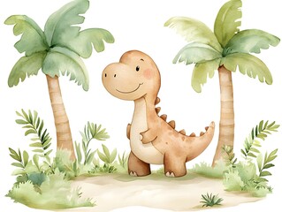 Adorable cartoon dinosaur stands happily amidst lush green tropical palm trees and foliage on a sandy beach.