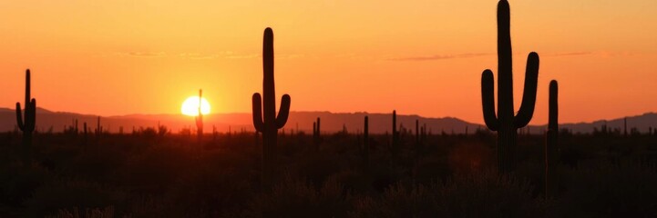 Obraz premium Sunset Silhouette: Saguaro Cacti in Fiery Desert Hues