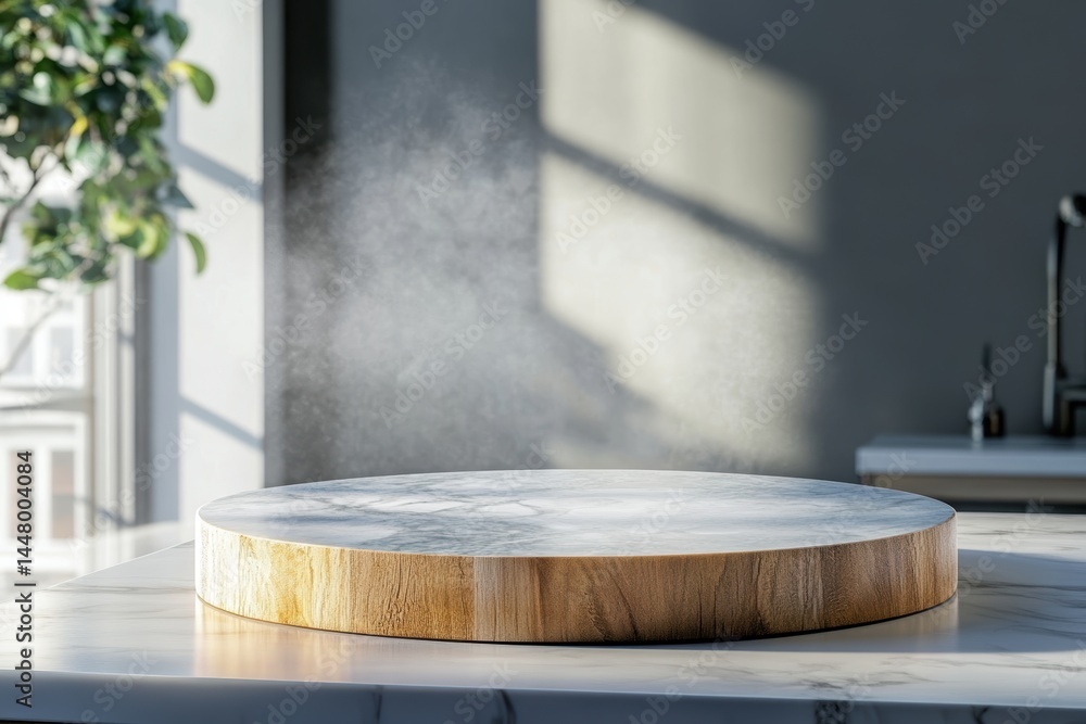 Poster Elegant marble and wood platform bathed in natural light for product display in a modern kitchen setting with subtle mist creating a serene and inviting atmosphere