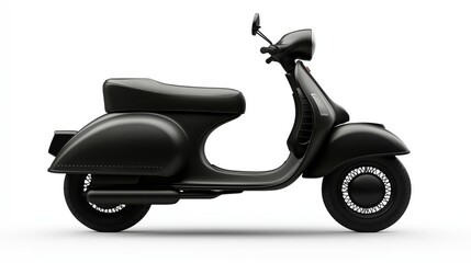 Realistic mockup of a vintage-style matte black scooter or  front three-quarter angle, isolated on white or transparent background