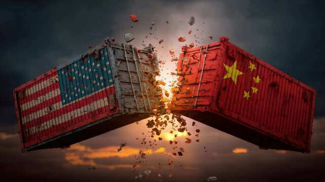 Trade War: A visual metaphor depicts the turbulent relationship, with shipping containers bearing the flags of the United States and China colliding, symbolizing conflict and disruption.