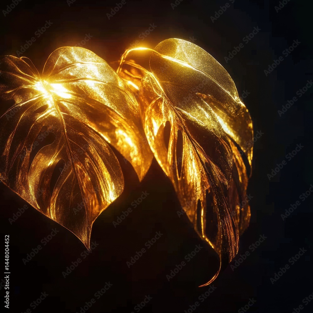 Poster glimmering golden monstera leaves against a dark backdrop creating a luxurious ambiance with a macro