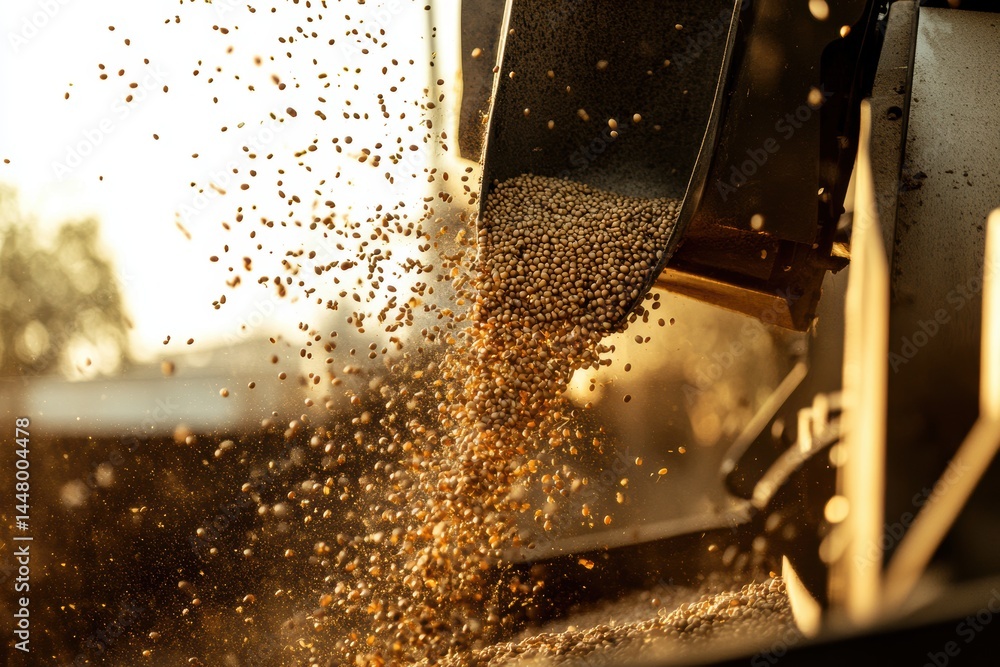 Poster Golden cascade of seeds flowing from a metal chute in a mesmerizing display of agricultural processing and organic harvest with warm light and blurred background