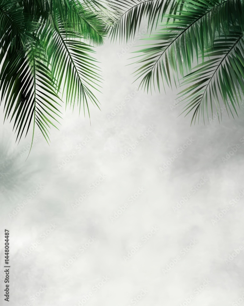 Poster verdant palm fronds against a soft hazy backdrop evoking tropical serenity and calmness ideal for su