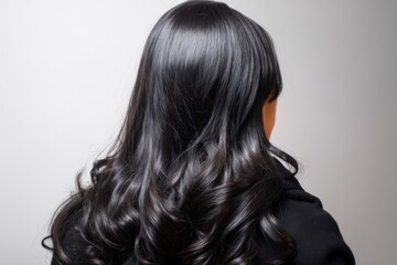 Naklejka premium Woman Showcasing Wavy Dark Hair Style in Studio Shot From Behind