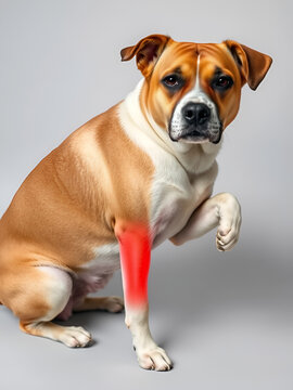 Injury pain is the sudden shock of discomfort, causing limping or reluctance to move: Depict a dog with injury pain, favoring a limb