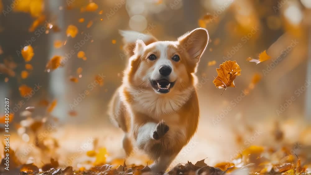 Poster energetic corgi running through fallen autumn leaves, creating dynamic motion with leaf explosion ar