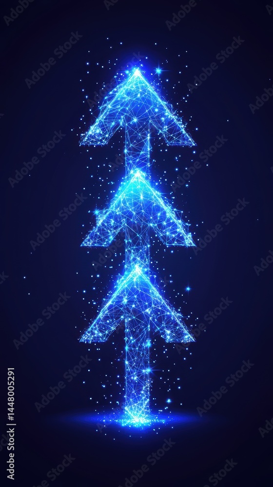 Poster Luminous arrows pointing upward symbolizing growth advancement and progress in a digital and technological setting with a dark blue background