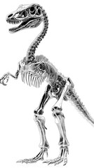 Detailed anatomical illustration of a velociraptor dinosaur skeleton standing on white background perfect for educational purposes or artistic