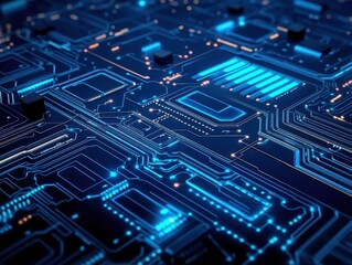 Abstract motherboard design with glowing blue lines and futuristic digital network concept