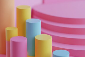 Pastel Geometric Arrangement Cylinders and Platforms in Pink Yellow Blue and Orange for Modern Abstract Background Presentation Stage or Display with Soft Lighting and Dreamy Feel