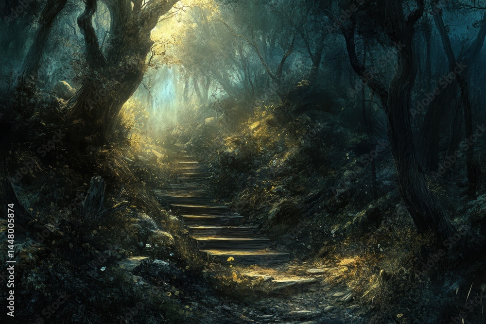 Aufkleber enchanted forest path of wooden steps leading to a mystical clearing illuminated by ethereal light a