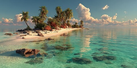 Tropical island oasis with clear waters and lush palm trees under a vibrant sky in the early evening