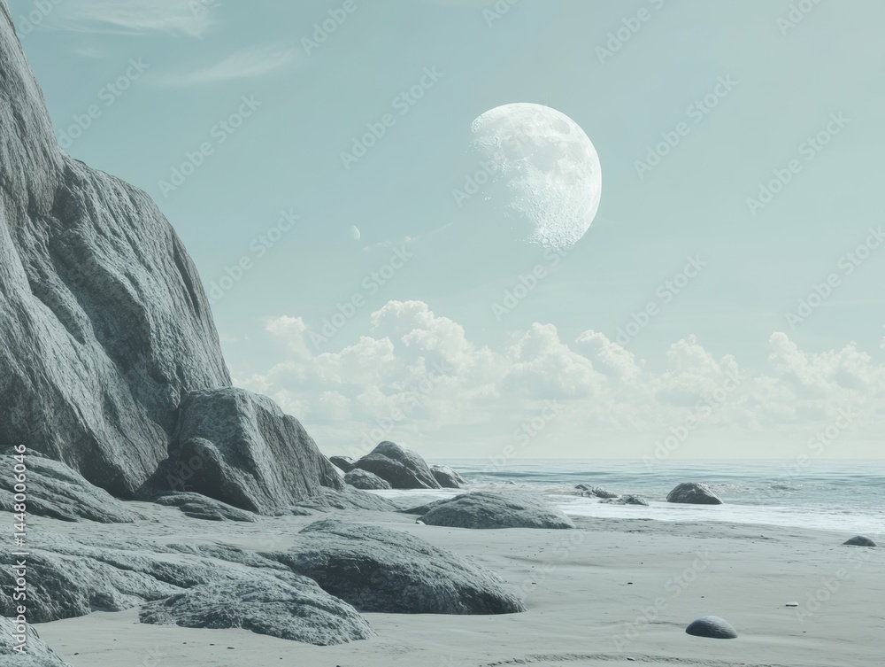 Aufkleber serene lunar landscape with rocky beach and calm ocean under a pastel sky creating a tranquil and et