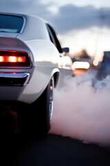 Captivating Rear View of a Classic White Muscle Car with Glowing Taillights and Dramatic Smoke on Asphalt Road at Dusk