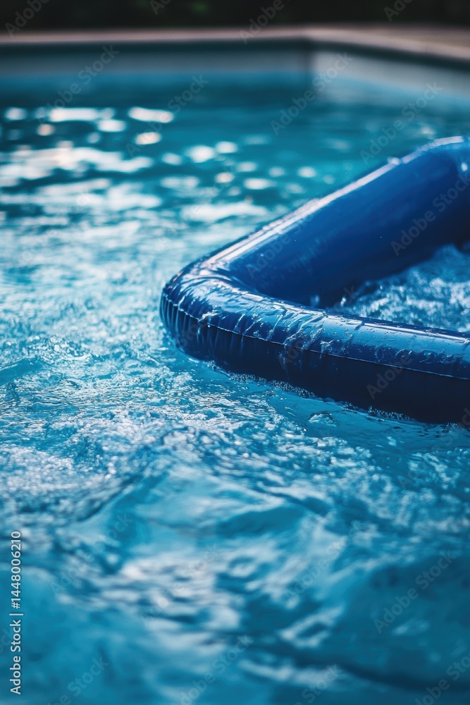 Poster serene pool scene with a blue inflatable ring floating gently on the water surface showcasing summer