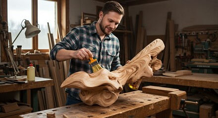 A craftsman applying finishing oil to a handmade wooden sculpture