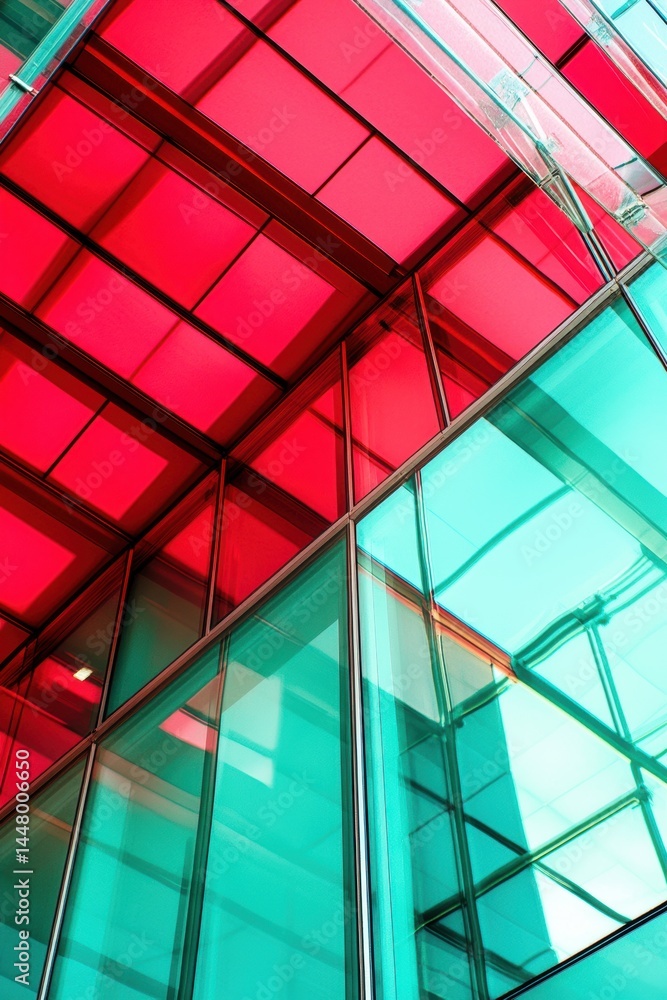 Poster modern architecture featuring vibrant red and teal glass facade with geometric patterns and abstract