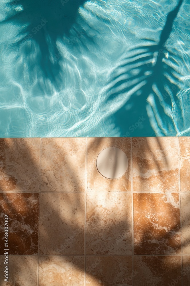 Poster serene swimming pool scene with sunlit water and palm tree shadows casting a tranquil mood on the ti
