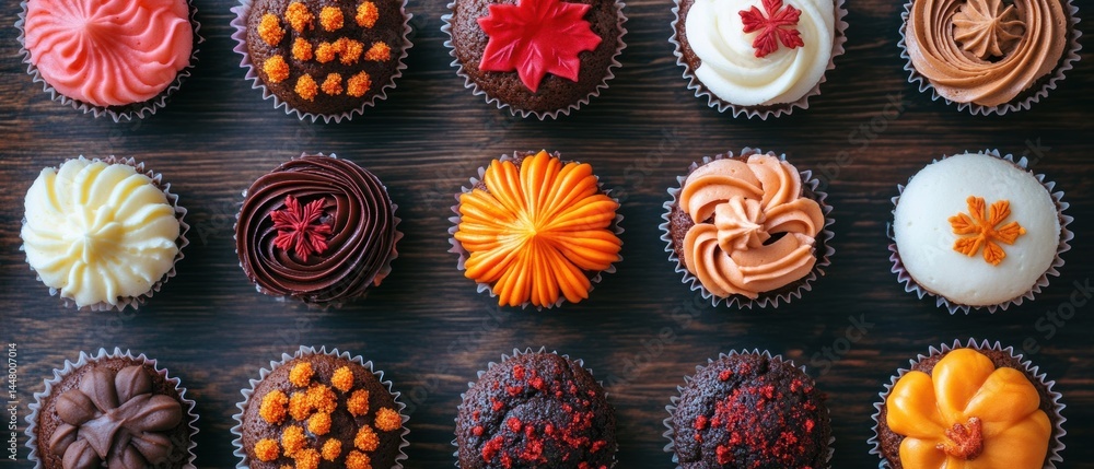 Poster delightful assortment of colorful cupcakes on dark wooden surface creating a visually appealing and 