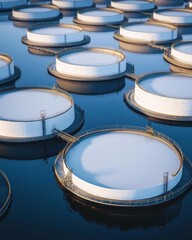 Aerial View of White Storage Tanks Reflecting Sunlight on Dark Water Surface in Industrial Area