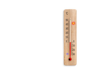 Wooden celsius scale thermometer isolated on white background. Ambient temperature zero degrees...