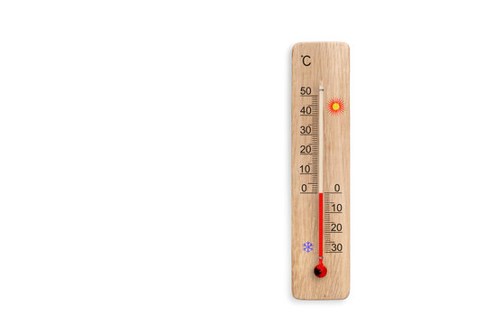 Wooden celsius scale thermometer isolated on white background. Ambient temperature zero degrees celsius - Powered by Adobe