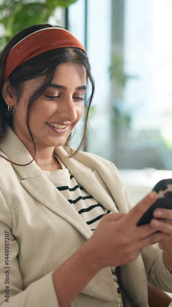 Poster office, businesswoman and scroll with smartphone for chat, online conversation and smile for comment