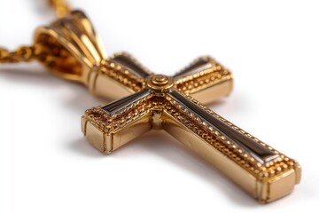 Golden Cross Pendant on Chain Religious Christian Jewelry Isolated Close Up