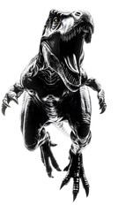 Fototapeta premium A fearsome Tyrannosaurus Rex roars fiercely in a dramatic black and white illustration perfect for posters, apparel or book covers.