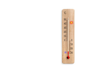 Wooden celsius scale thermometer isolated on white background. Ambient temperature minus 25 degrees celsius