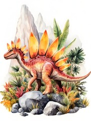 Fototapeta premium A vibrant watercolor painting depicts a Stegosaurus dinosaur amidst lush tropical vegetation and majestic mountains.