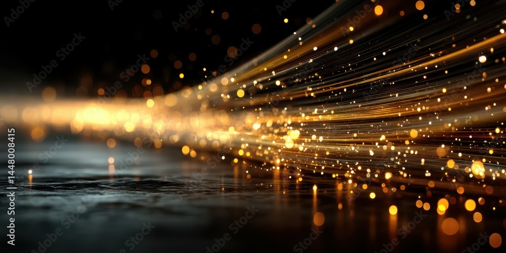 Poster bright golden particles create dynamic motion on a reflective surface in a dark environment at night