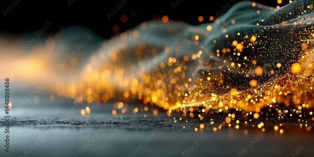 Poster vibrant particles cascaded in waves create a stunning visual at dusk over a textured surface