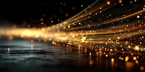 Bright golden particles create dynamic motion on a reflective surface in a dark environment at night