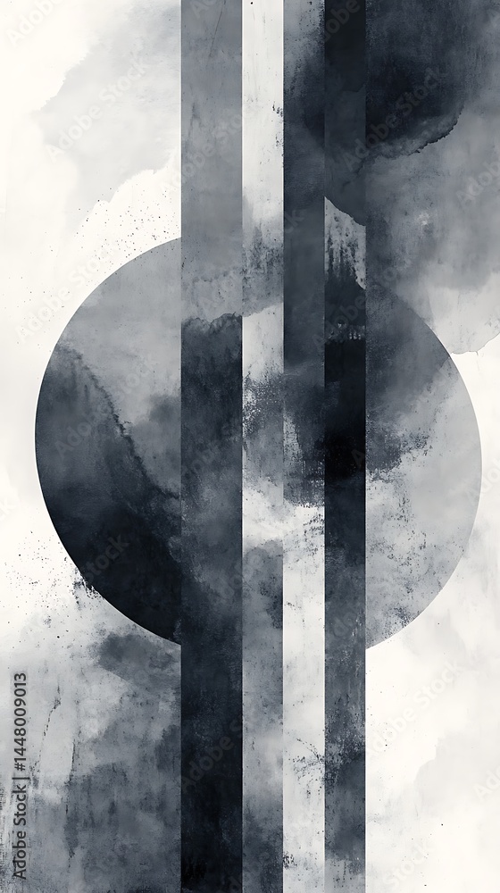 Poster modern abstract monochrome background with delicate watercolor arcs and faded ink creating a harmoni