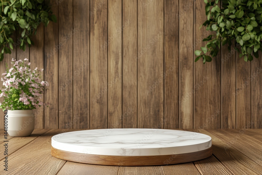 Poster elegant marble podium on rustic wooden surface with floral accents for product showcase and display 