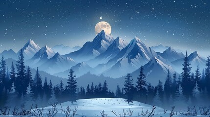 Nightfall the mountains with moonlight casting shadows across icy peaks stars above and glowing forest line