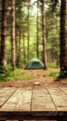 Rustic wooden table with blurred camping tent background in lush green forest serene nature backdrop for outdoor adventure and tranquil escape promoting summer vacation