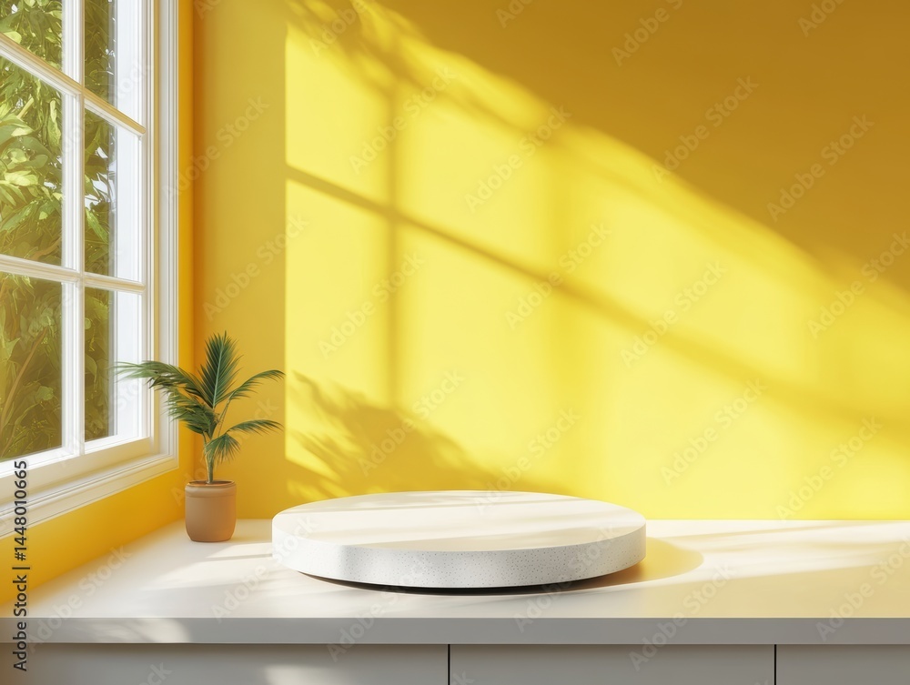 Poster bright yellow wall with window light casting shadows on a display podium with a small plant pot, cre
