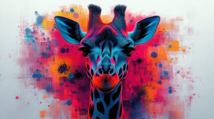 Vibrant giraffe portrait with bold blue, red, and orange hues, featuring splattered texture details, wild animal on a transparent background, PNG image, PNG file.