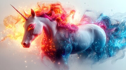 Beautiful unicorn with flowing mane of fire and ice, mystical glowing horn, fantastical creature, mythical horse, dreamlike, light effects on a transparent background, PNG image, PNG file.