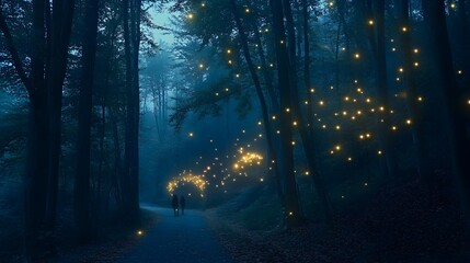 Fototapeta premium Enchanted Forest Path: The silhouette of two figures embark on an ethereal journey along a path through a mystical forest, illuminated by the enchanting glow of fireflies.