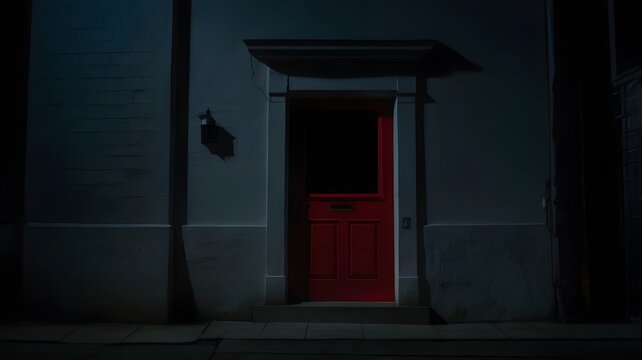 Mysterious Red Door at Night with Dark Shadows and Dim Lighting